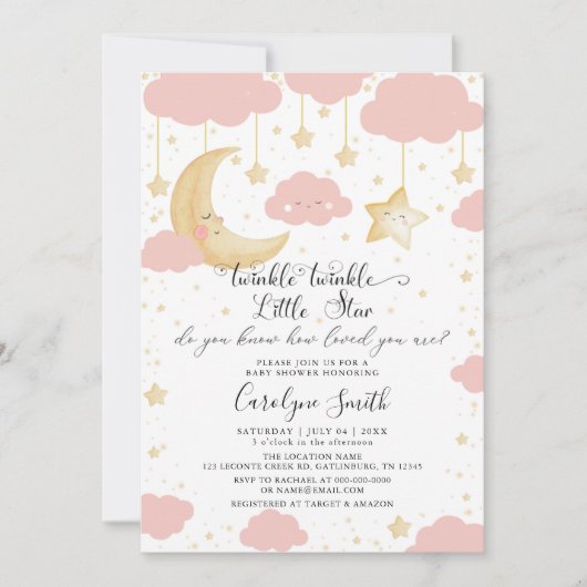 Twinkle Twinkle Little Star Pink Girl Baby shower Kaart (Voorkant)