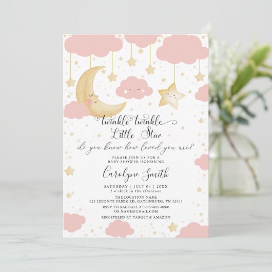 Twinkle Twinkle Little Star Pink Girl Baby shower Kaart (Staand voorkant)