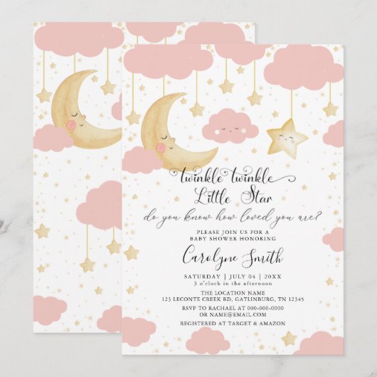 Twinkle Twinkle Little Star Pink Girl Baby shower Kaart (Voorkant / Achterkant)