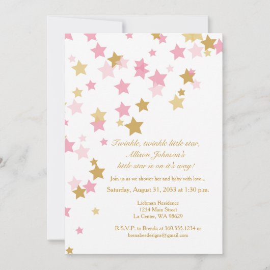 Twinkle Twinkle Little Star Pink & Gold Invitation Kaart (Voorkant)