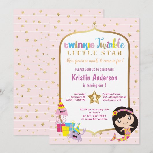 Twinkle Twinkle Little Star Pink Mermaid Birthday Kaart (Voorkant / Achterkant)