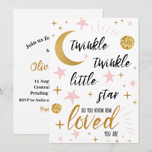 Twinkle Twinkle Little Star Roze Goud Baby Shower Kaart (Voorkant / Achterkant)