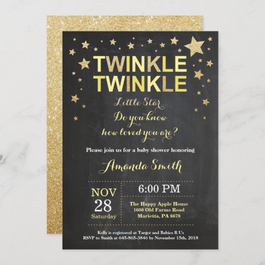 Twinkle Twinkle Little Star Yellow Baby shower Kaart (Voorkant / Achterkant)