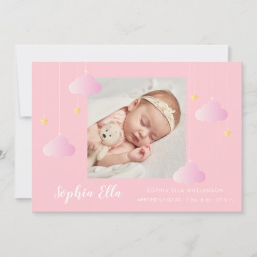 Twinkle Twinkle Mooie Roze Foto Geboorte Baby Meis Aankondiging (Voorkant)