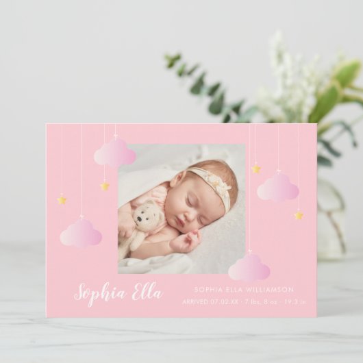 Twinkle Twinkle Mooie Roze Foto Geboorte Baby Meis Aankondiging (Staand voorkant)
