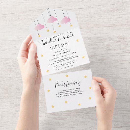 Twinkle Twinkle Pink Clouds Gold Stars Baby shower All In One Uitnodiging (Afscheurbaar)