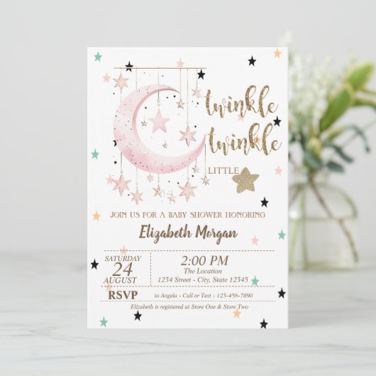 Twinkle Twinkle, Pink Stars Moon Baby shower Kaart (Staand voorkant)