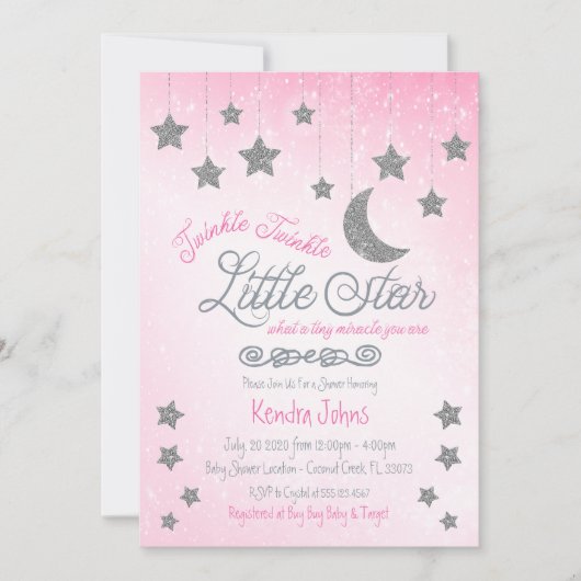 Twinkle Twinkle, Roze Baby shower uitnodiging (Voorkant)