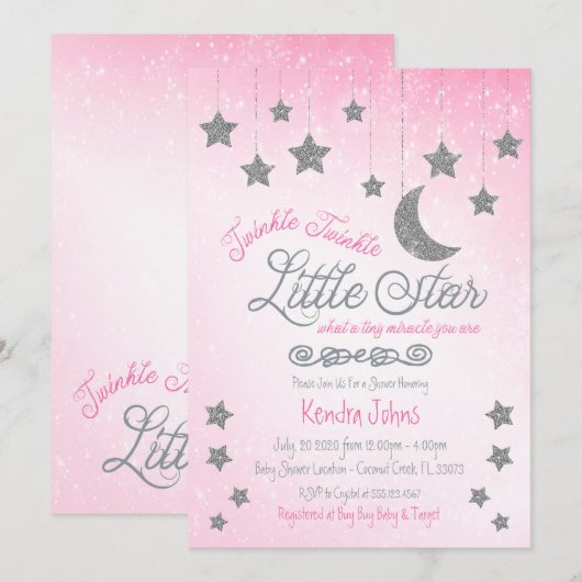 Twinkle Twinkle, Roze Baby shower uitnodiging (Voorkant / Achterkant)