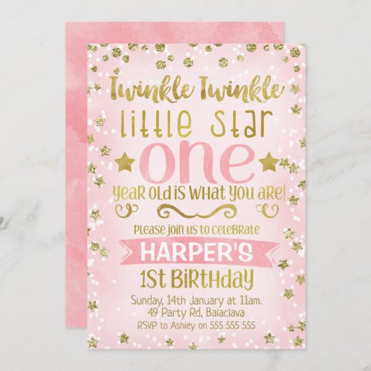 Twinkle Twinkle Star 1st Birthday Invitation Kaart (Voorkant / Achterkant)