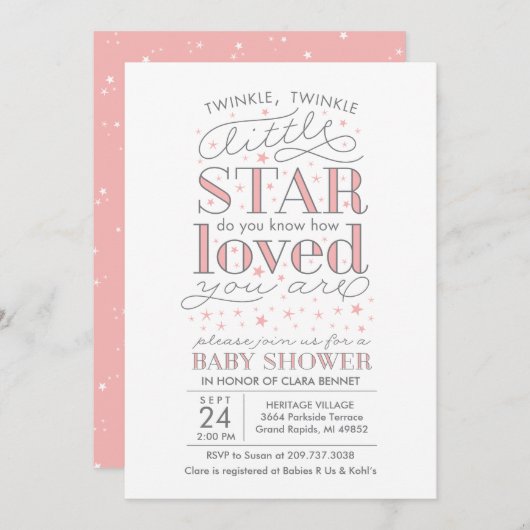 Twinkle Twinkle Star Theme Baby shower Invitation Kaart (Voorkant / Achterkant)