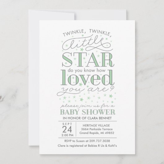 Twinkle Twinkle Star Theme Baby shower Mint Green Kaart (Voorkant)
