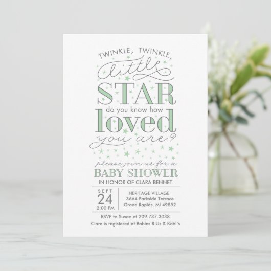 Twinkle Twinkle Star Theme Baby shower Mint Green Kaart (Staand voorkant)