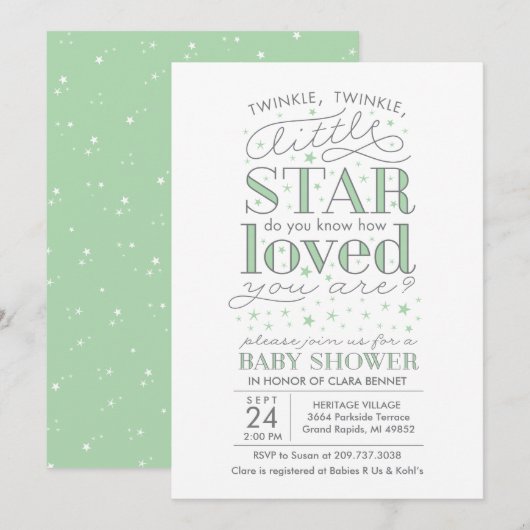 Twinkle Twinkle Star Theme Baby shower Mint Green Kaart (Voorkant / Achterkant)