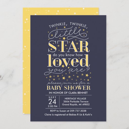Twinkle Twinkle Star Theme Navy Baby shower Kaart (Voorkant / Achterkant)