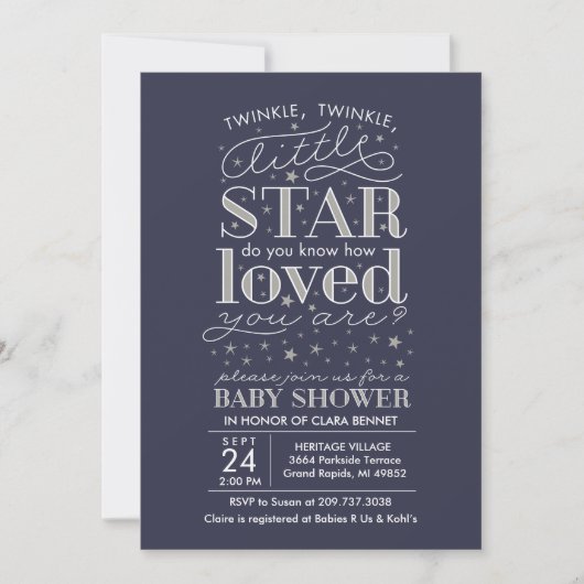 Twinkle Twinkle Star Theme Navy Silver Shower Kaart (Voorkant)
