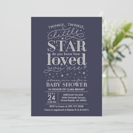 Twinkle Twinkle Star Theme Navy Silver Shower Kaart (Staand voorkant)