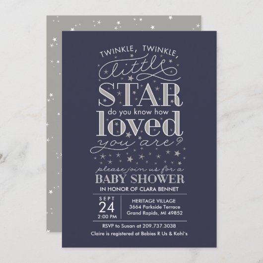 Twinkle Twinkle Star Theme Navy Silver Shower Kaart (Voorkant / Achterkant)