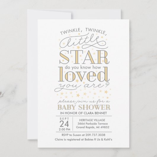 Twinkle Twinkle Star Theme Yellow Baby shower Kaart (Voorkant)