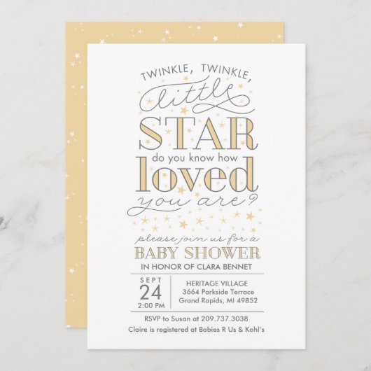 Twinkle Twinkle Star Theme Yellow Baby shower Kaart (Voorkant / Achterkant)