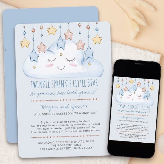 Twinkle Twinkle Sterren en Cloud Boy Baby Sprinkle Kaart