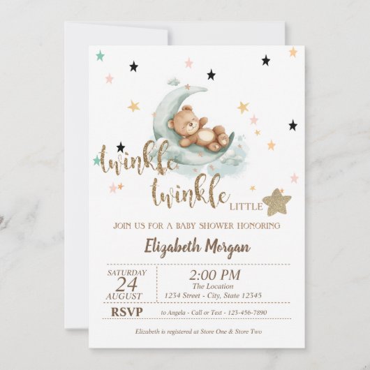 Twinkle Twinkle, Teddy Bear Moon Stars Baby shower Kaart (Voorkant)