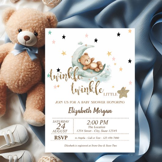 Twinkle Twinkle, Teddy Bear Moon Stars Baby shower Kaart