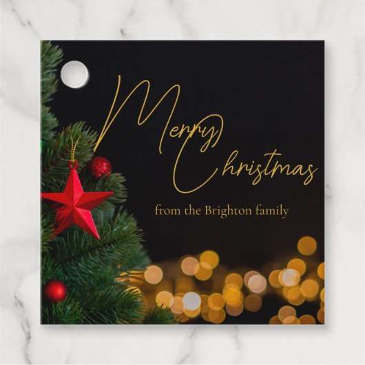 Twinkling Gold Lights Modern Vrolijk Kerstfeest Bedankjes Labels (Voorkant)