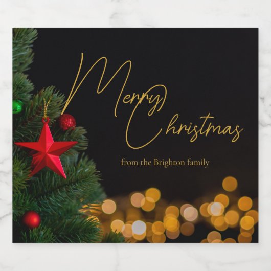 Twinkling Gold Lights Modern Vrolijk Kerstfeest Sparkling Wijnetiket (Enkel label)