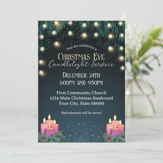 Twinkling Lights Kerstavond Kaarslicht Service Kaart (Staand voorkant)