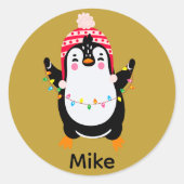 Twinkling Pinguïn met Kerstmis Lichten Ronde Sticker (Voorkant)