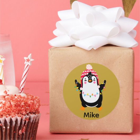 Twinkling Pinguïn met Kerstmis Lichten Ronde Sticker (Feest)