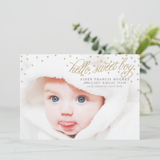 Twinkly Gold Stars Baby Boy Aankondiging (Staand voorkant)