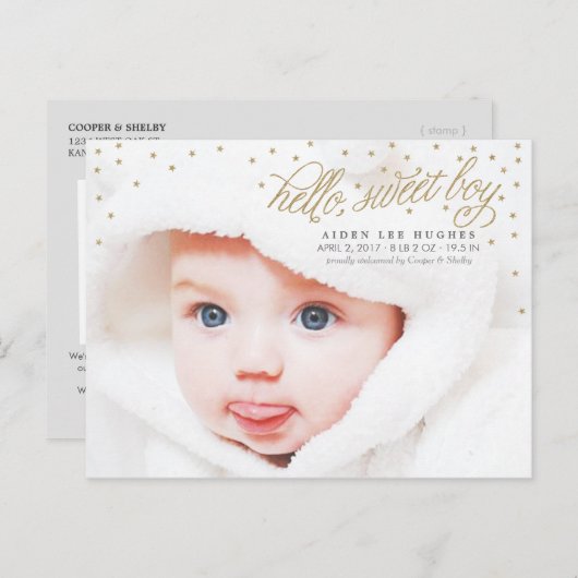 Twinkly Gold Stars Baby Boy Aankondiging (Voorkant / Achterkant)