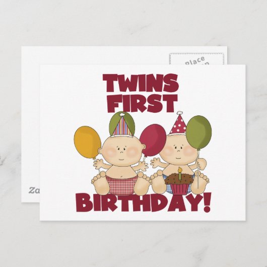Twins 1e Verjaardag - Jongens T-shirts en geschenk Briefkaart (Voorkant / Achterkant)