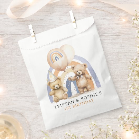 Twins 1e Verjaardag Waterverf Teddy Bears Bedankzakje (Geknipt)