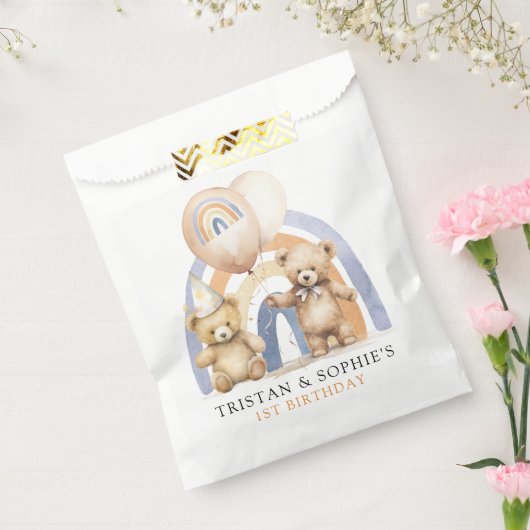 Twins 1e Verjaardag Waterverf Teddy Bears Bedankzakje (Gezegeld)