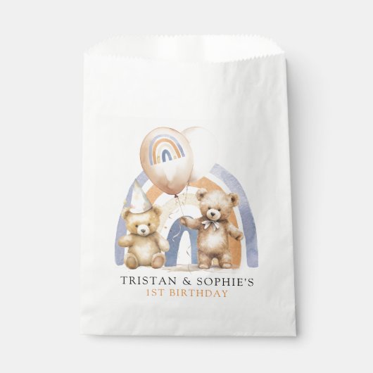 Twins 1e Verjaardag Waterverf Teddy Bears Bedankzakje (Voorkant)