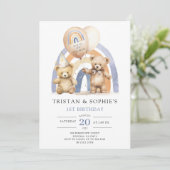 Twins 1e Verjaardag Waterverf Teddy Bears Kaart (Staand voorkant)