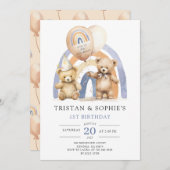 Twins 1e Verjaardag Waterverf Teddy Bears Kaart (Voorkant / Achterkant)