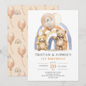 Twins 1e Verjaardag Waterverf Teddy Bears Kaart (Voorkant / Achterkant)