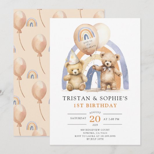 Twins 1e Verjaardag Waterverf Teddy Bears Kaart (Voorkant / Achterkant)