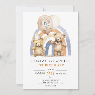 Twins 1e Verjaardag Waterverf Teddy Bears Kaart
