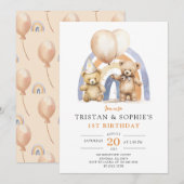 Twins 1e Verjaardag Waterverf Teddy Bears Kaart (Voorkant / Achterkant)