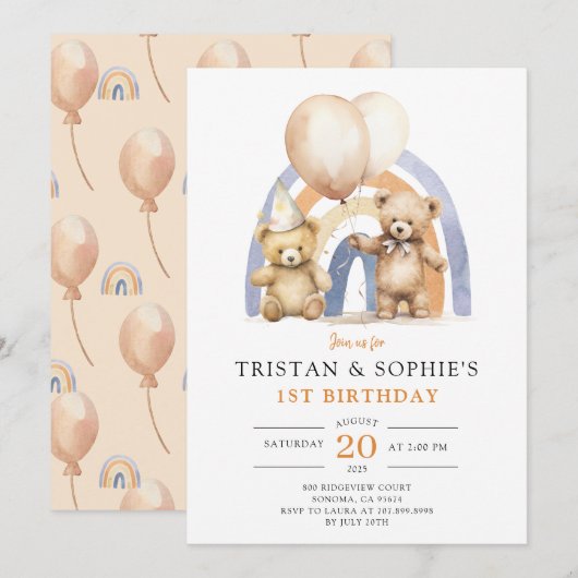 Twins 1e Verjaardag Waterverf Teddy Bears Kaart (Voorkant / Achterkant)