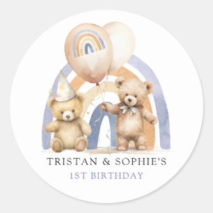 Twins 1e Verjaardag Waterverf Teddy Bears Ronde Sticker