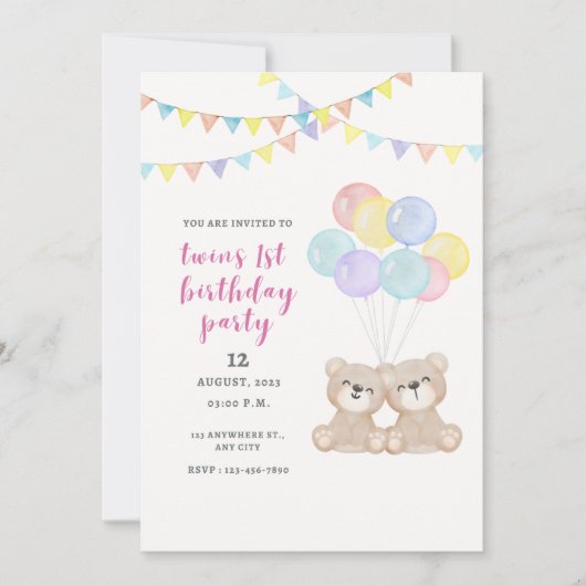 Twins 1e verjaardagsfeestje kaart (Voorkant)