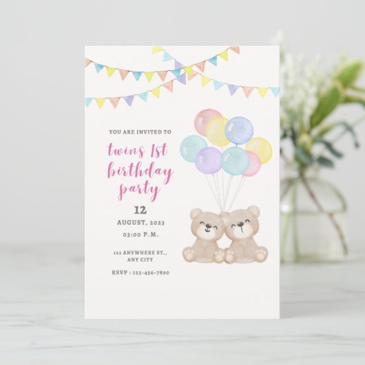 Twins 1e verjaardagsfeestje kaart (Staand voorkant)