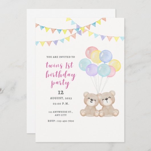 Twins 1e verjaardagsfeestje kaart (Voorkant / Achterkant)