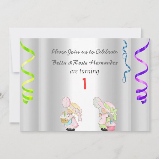 Twins 1st Birthday Announement Party Silver Kaart (Voorkant)
